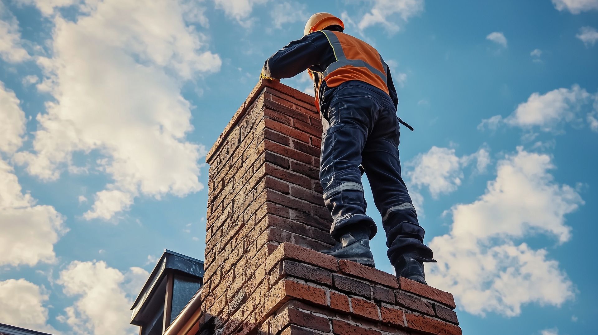 A worker in safety gear on a brick chimney against a blue sky with clouds.