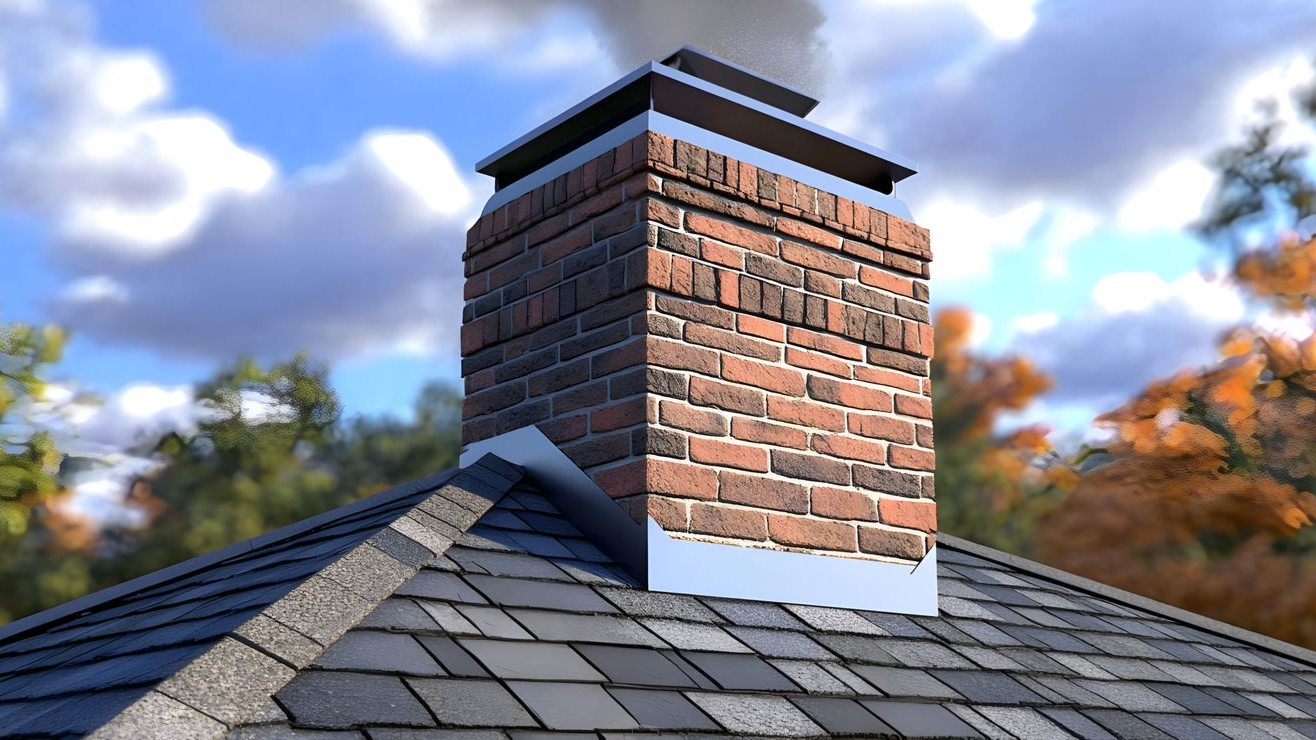Brick chimney on a shingled roof, smoke rising against a cloudy sky.