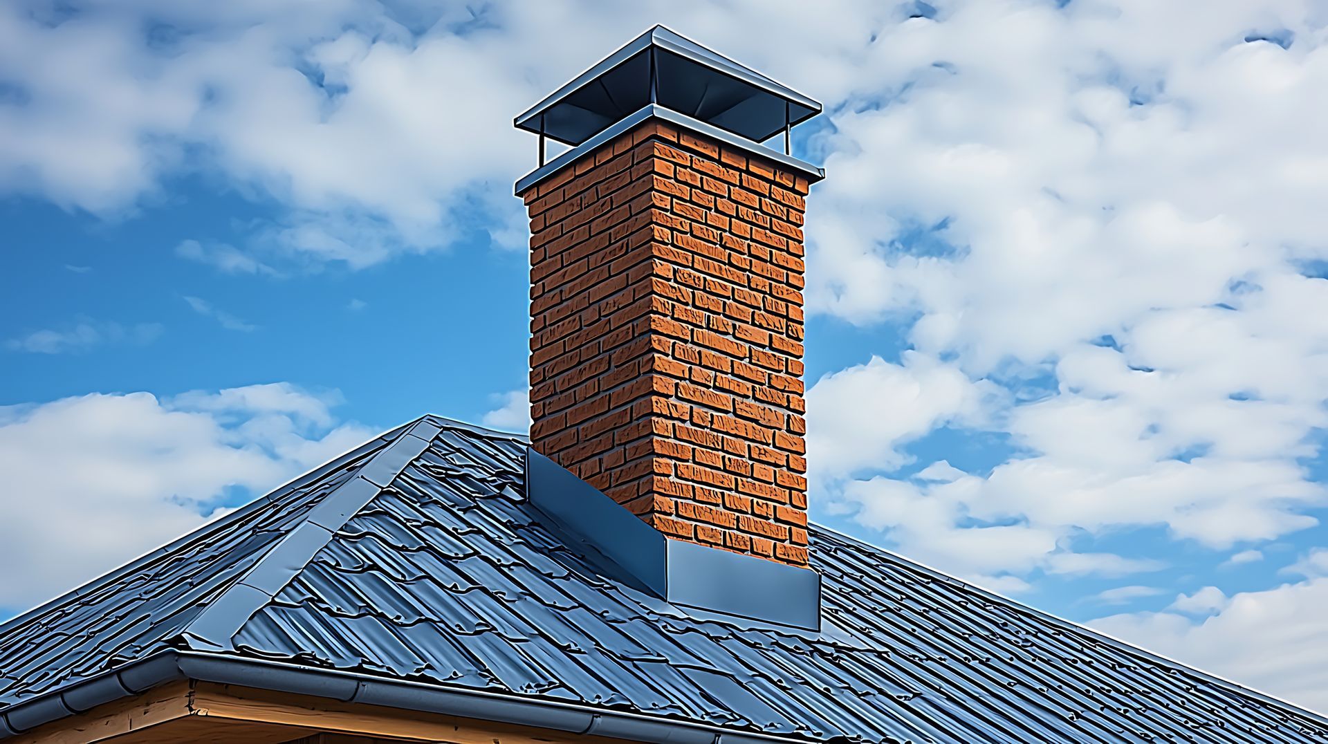 Brick chimney on a blue metal roof against a partly cloudy sky.
