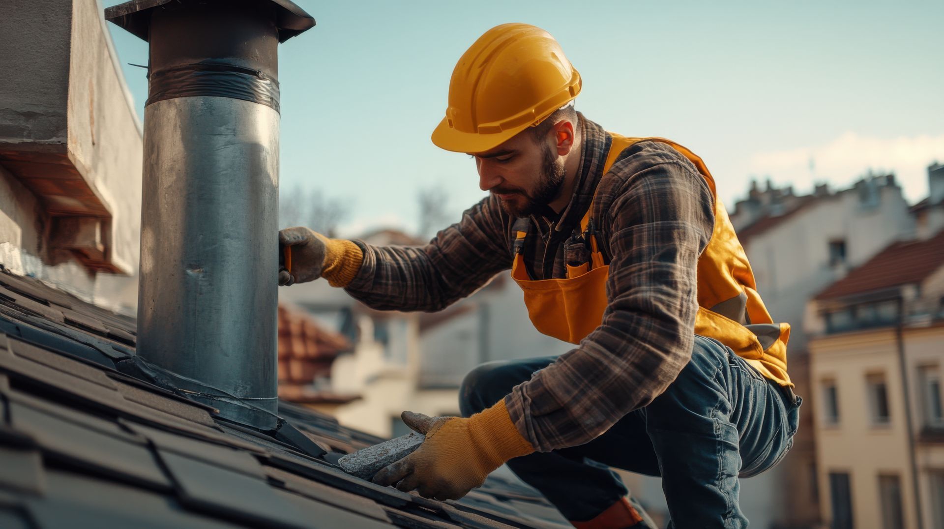 Roofer in yellow helmet and vest on a rooftop, working near a chimney.