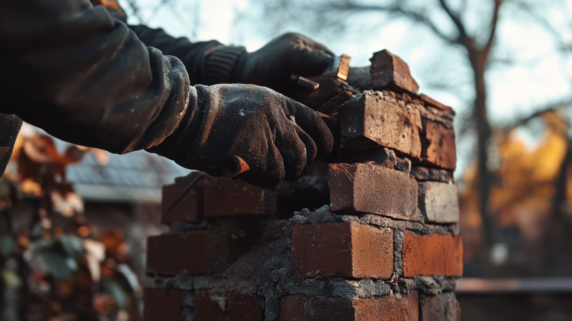 Person wearing gloves laying bricks on a partly built brick structure outdoors.