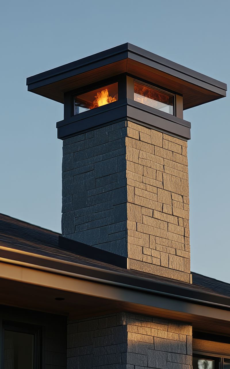 Stone chimney with fire in the top, set against a blue sky.
