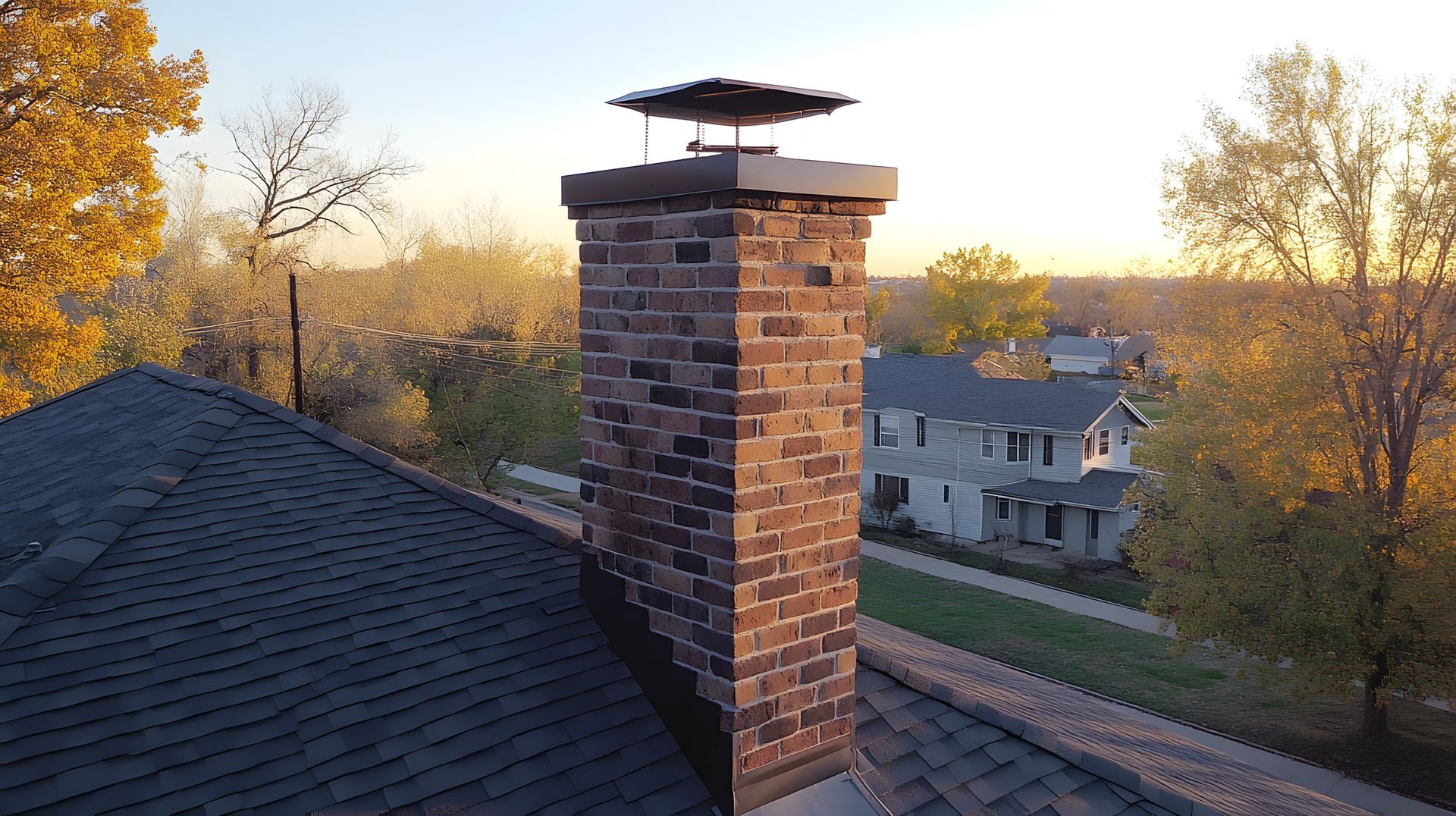 Brick chimney on a dark roof, topped with a cap, with trees and houses in the background.