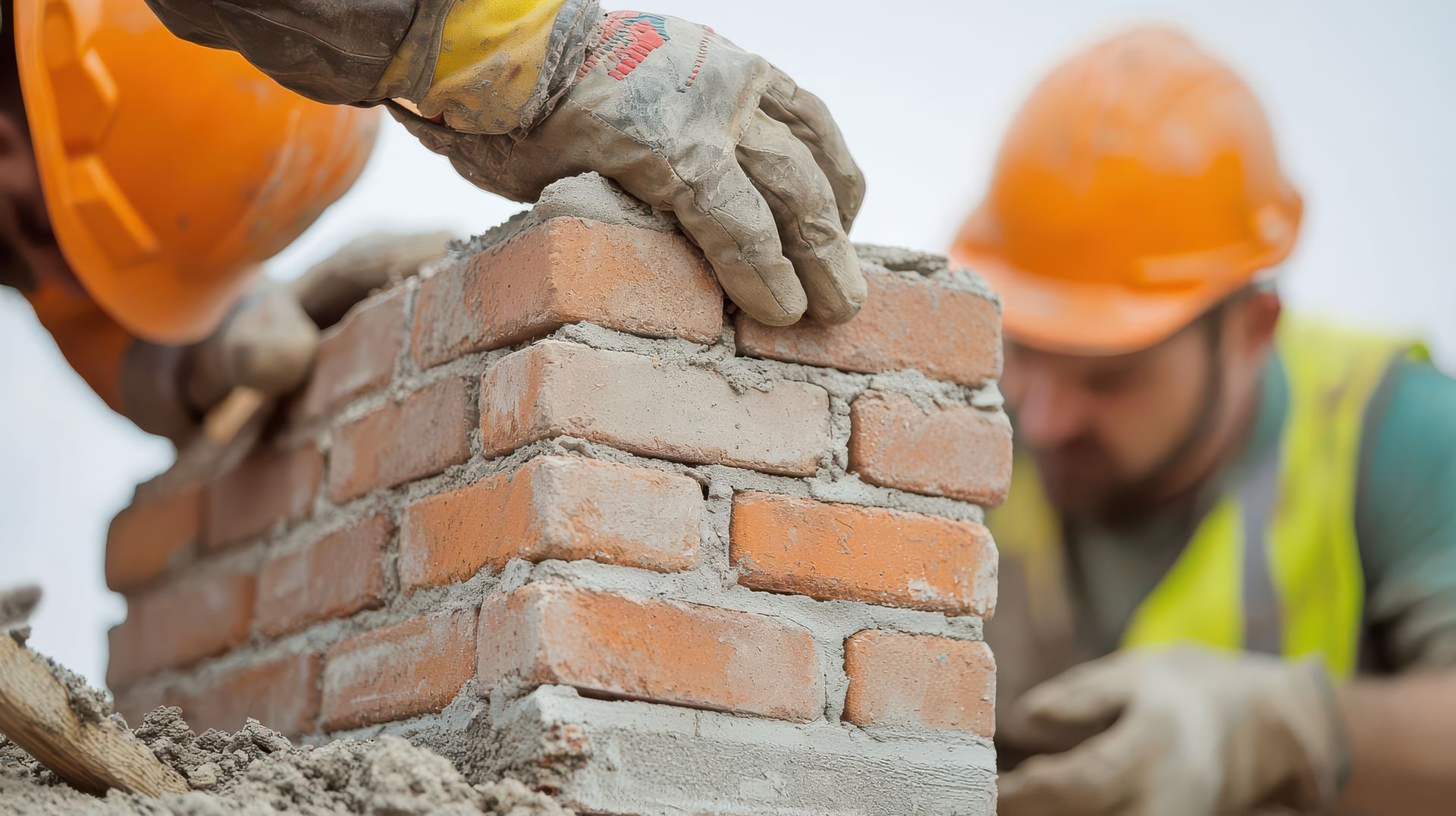 Two construction workers laying bricks, wearing hard hats and gloves.