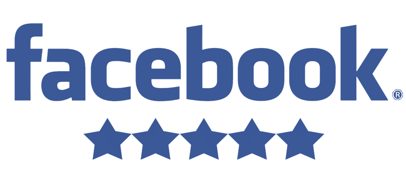 Facebook logo with 5 blue stars indicating a high rating.