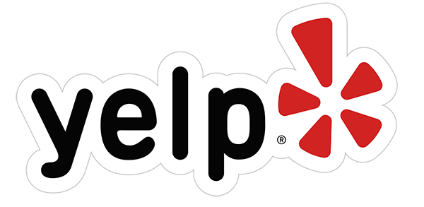 Yelp logo with black text, a red starburst, and a white outline.