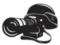 A black and white graphic icon showing a professional camera topped with a military-style combat helmet.