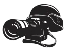 A black and white graphic icon showing a professional camera topped with a military-style combat helmet.