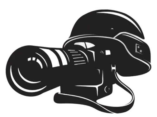 A black and white graphic icon showing a professional camera topped with a military-style combat helmet.