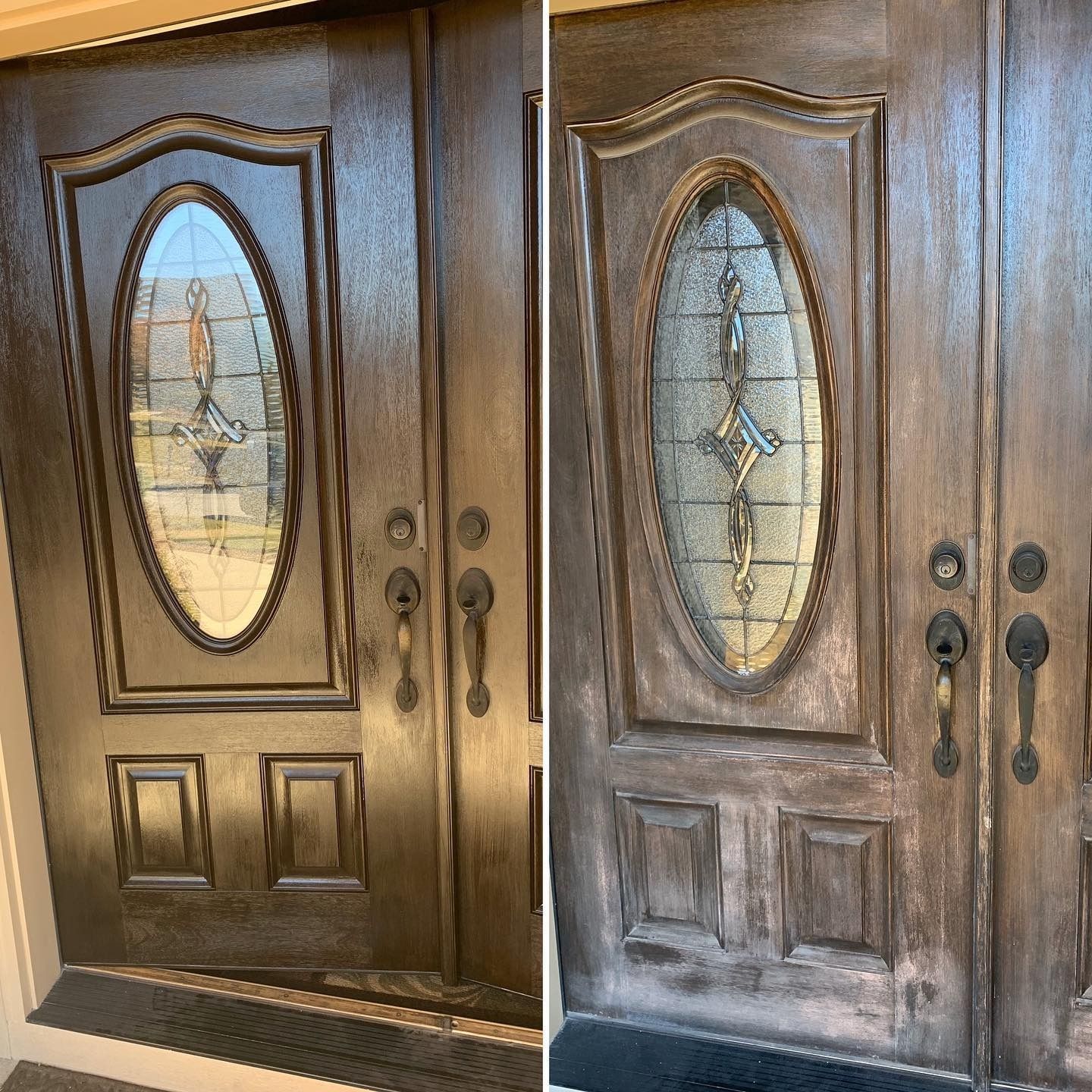 Side-by-side comparison of a dark wood door: on the left, refinished and polished; on the right, weathered and faded.