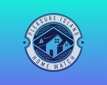 A blue and white logo for pleasure island home watch