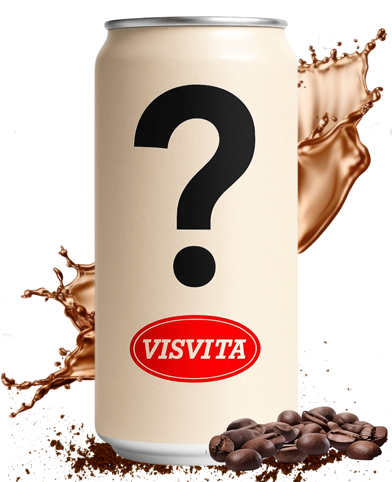 Can of Visvita with a question mark and coffee beans and coffee splash.