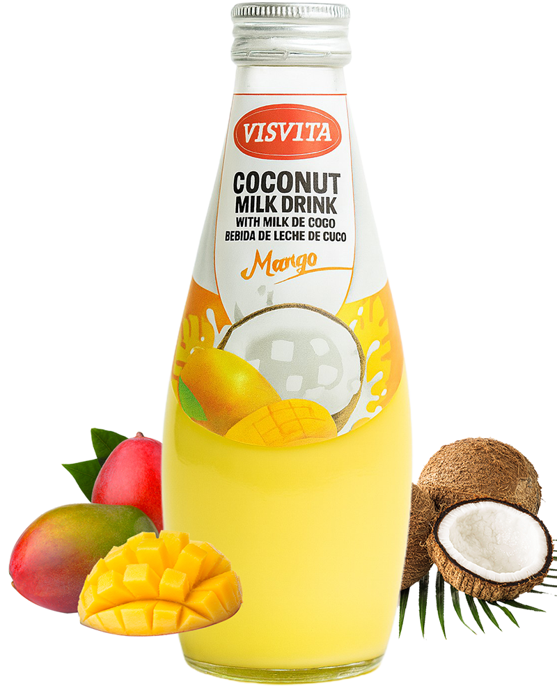 Visvita coconut milk drink with mango, bottle and mango fruit. Yellow liquid, white label.