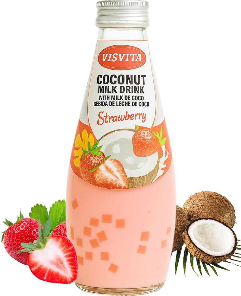 Visvita strawberry coconut milk drink in glass bottle with strawberries and coconut.