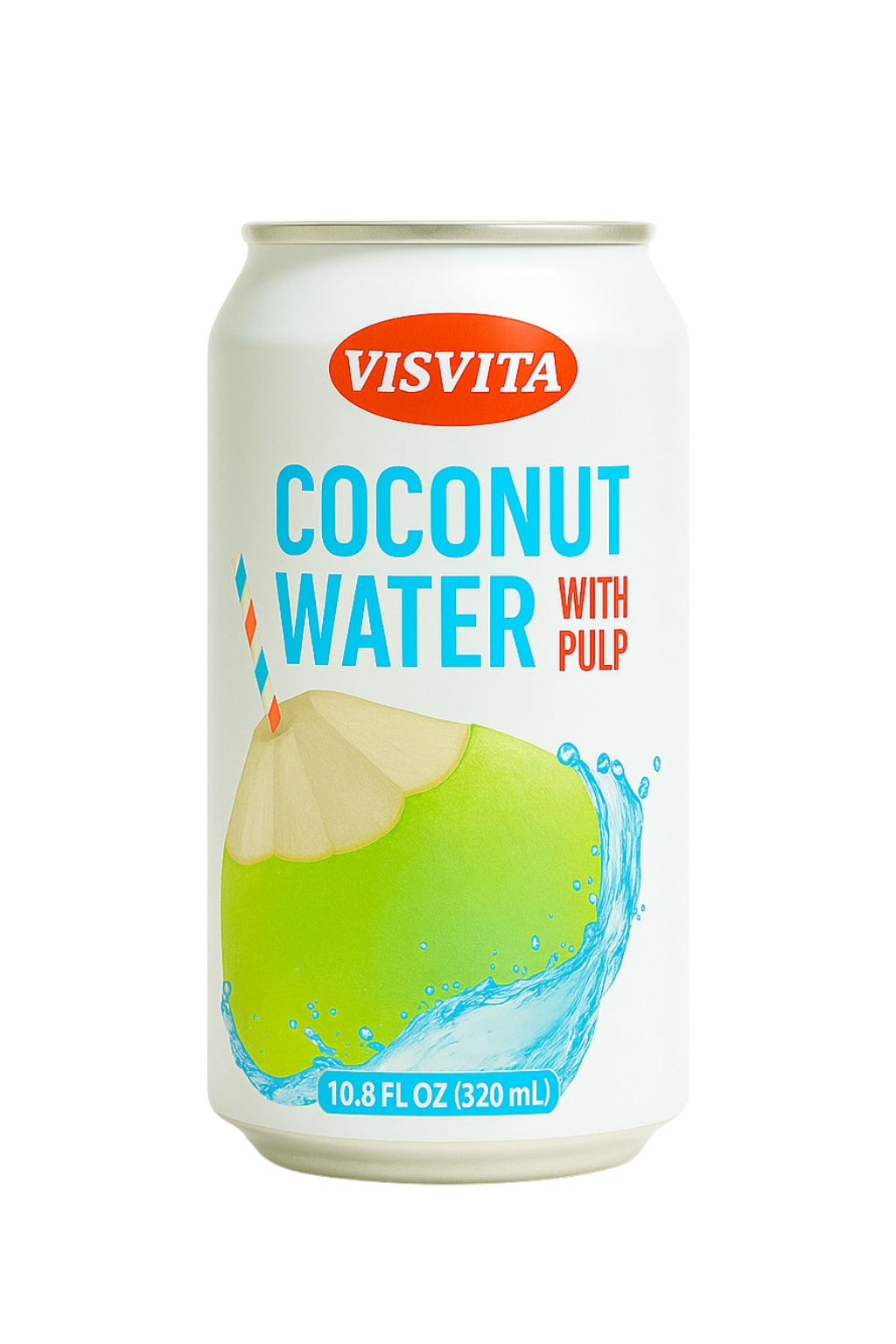 Visvita coconut water can with lime graphic and turquoise text on white background