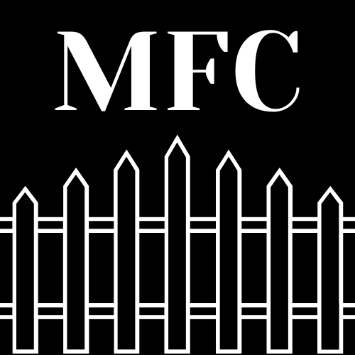 A black and white drawing of a picket fence with the word mfc above it.