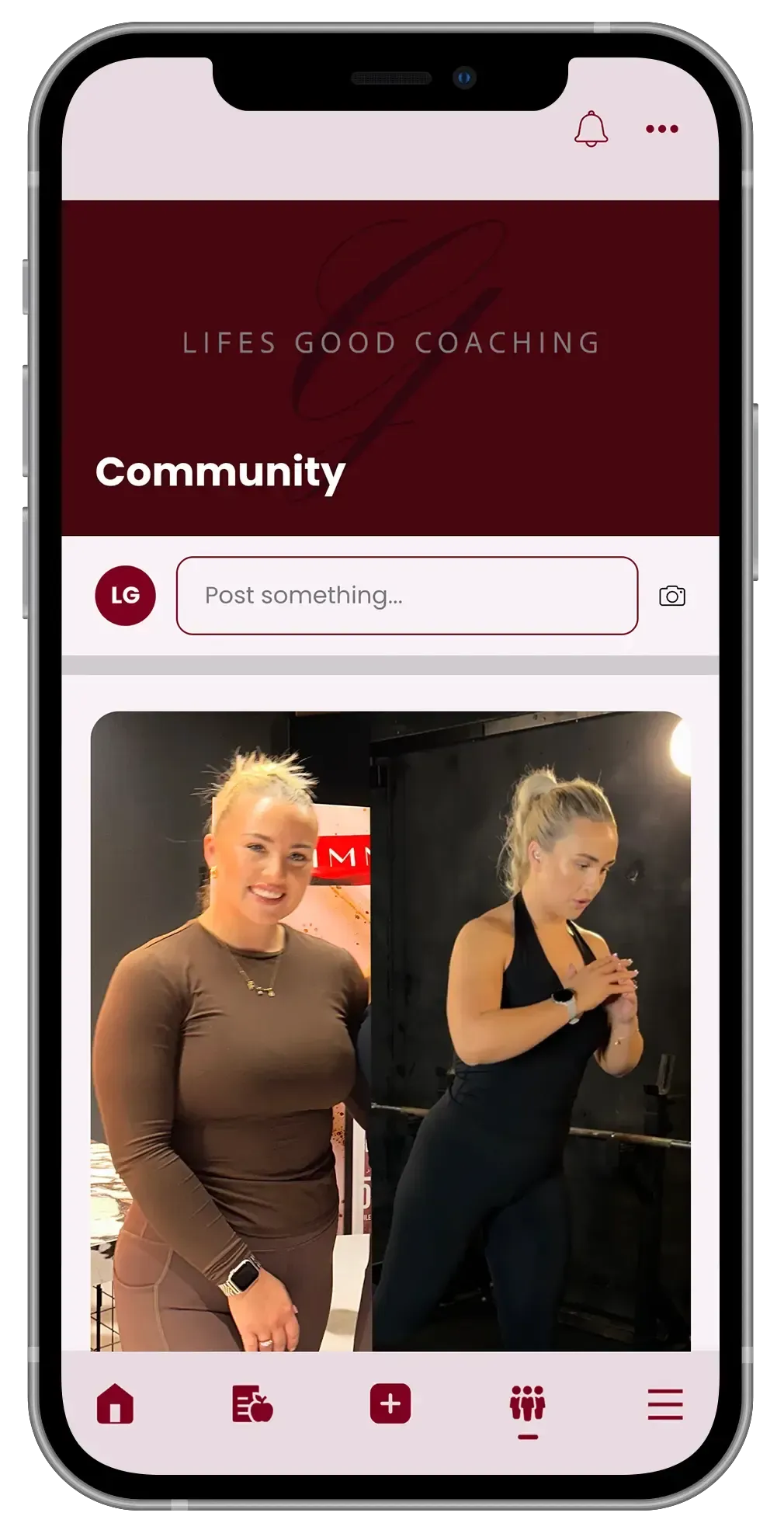 Mobile app screen: Two women, community page, burgundy, fitness attire.