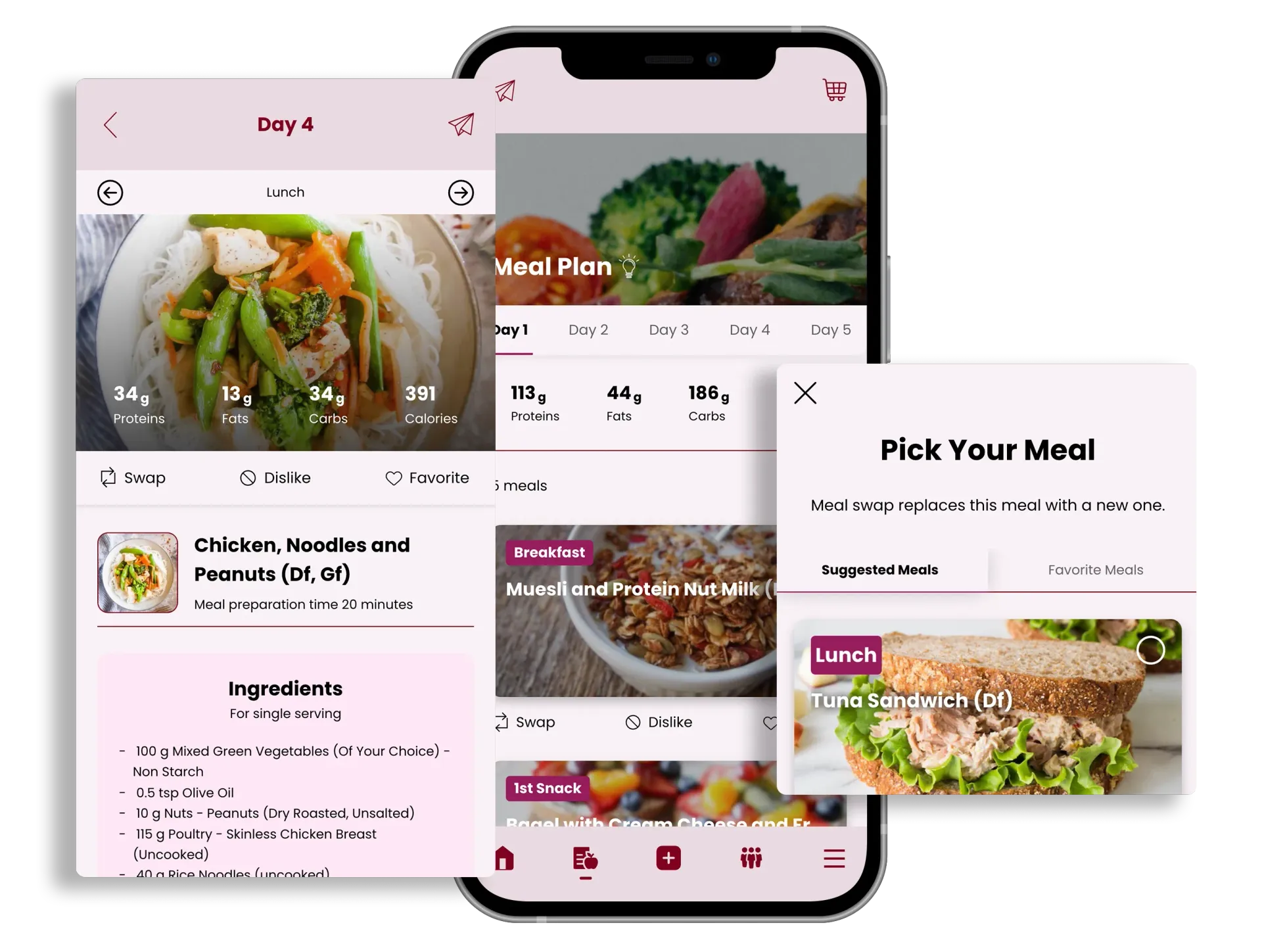 Smartphone showing a diet app with meal options, including chicken and sandwich dishes.