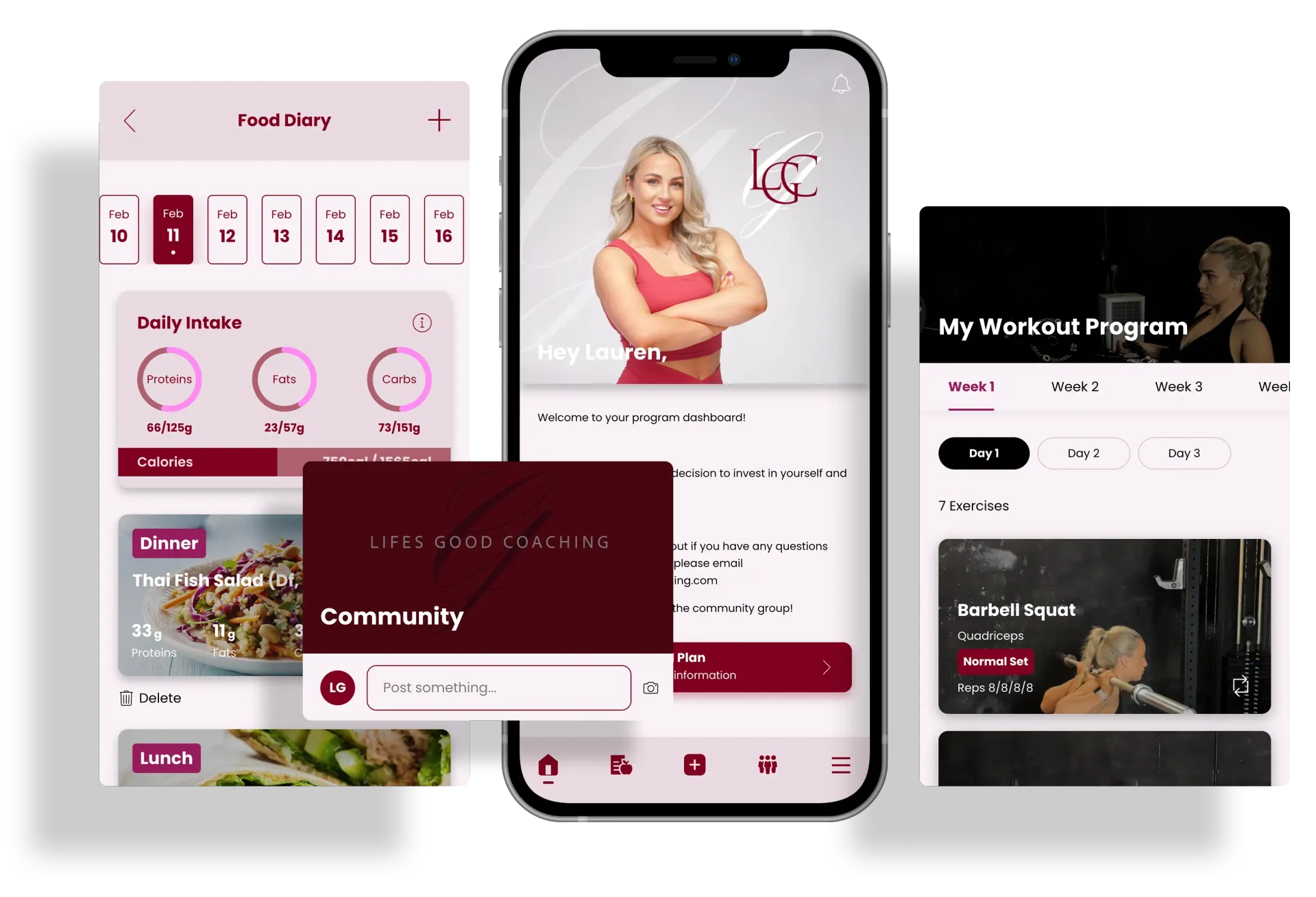 Mobile app displaying fitness tracking, a profile with a woman, and workout resources, all in pink and white.