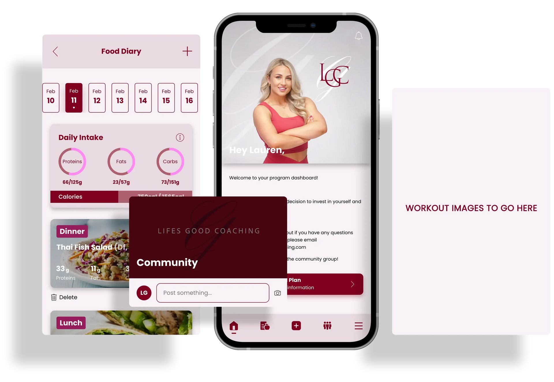 Mobile app displaying fitness tracking, a profile with a woman, and workout resources, all in pink and white.