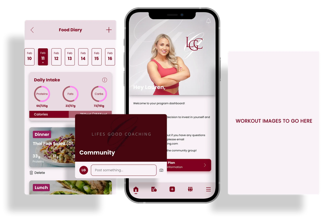 Mobile app displaying fitness tracking, a profile with a woman, and workout resources, all in pink and white.