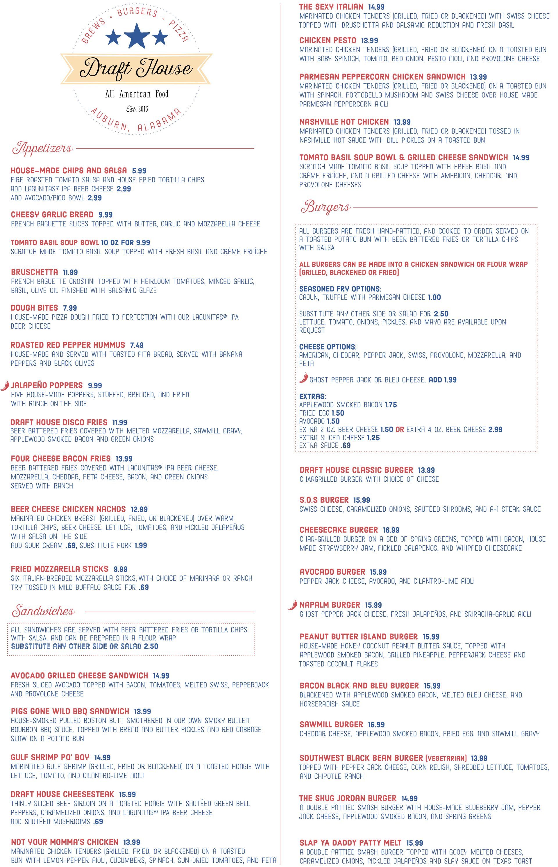 Menu from Marie's Diner in red, white and blue, listing appetizers, entrées, sides, and desserts.