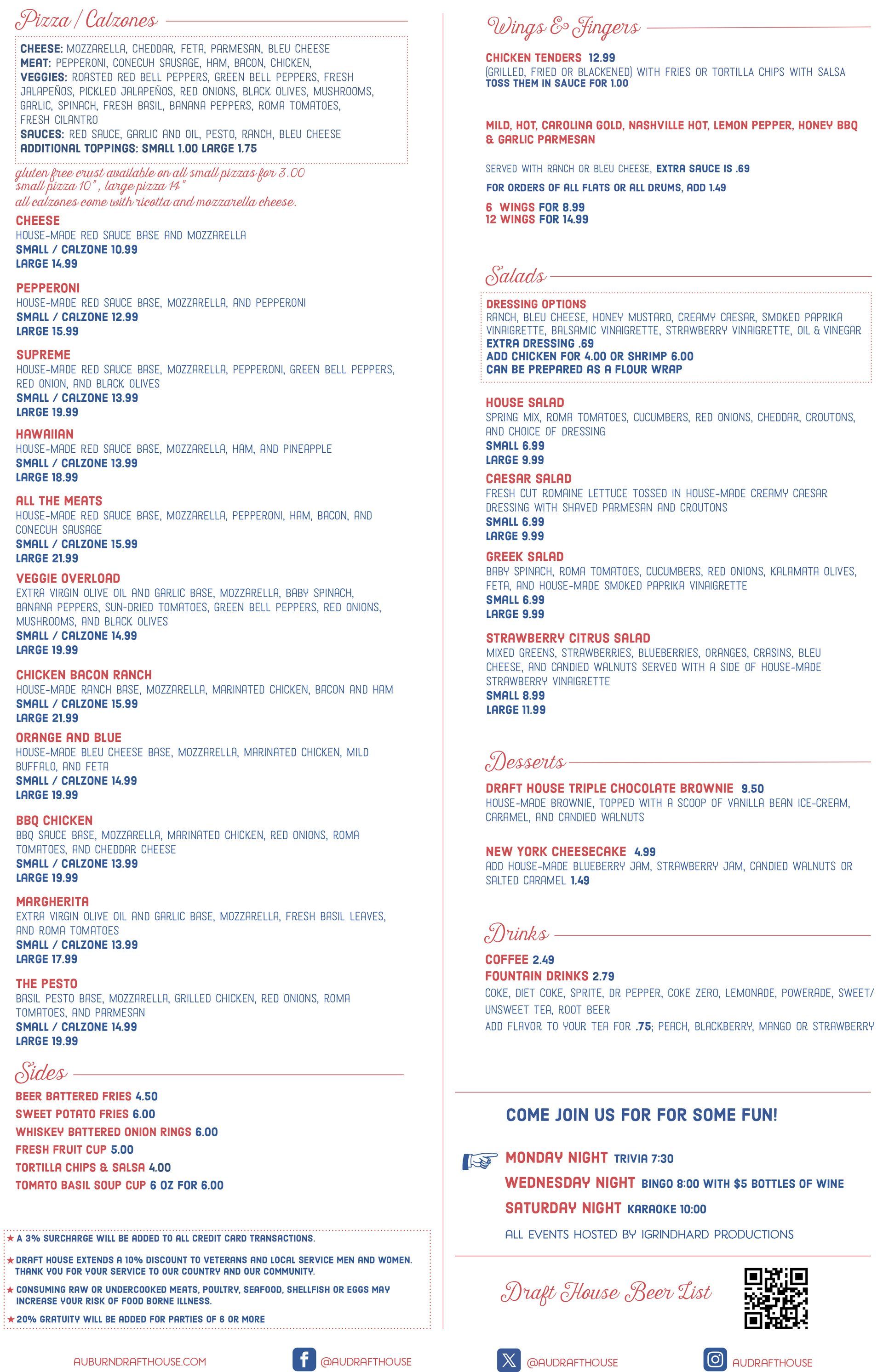 Menu with food options and prices. Includes sections for starters, pasta, burgers, salads, and more.