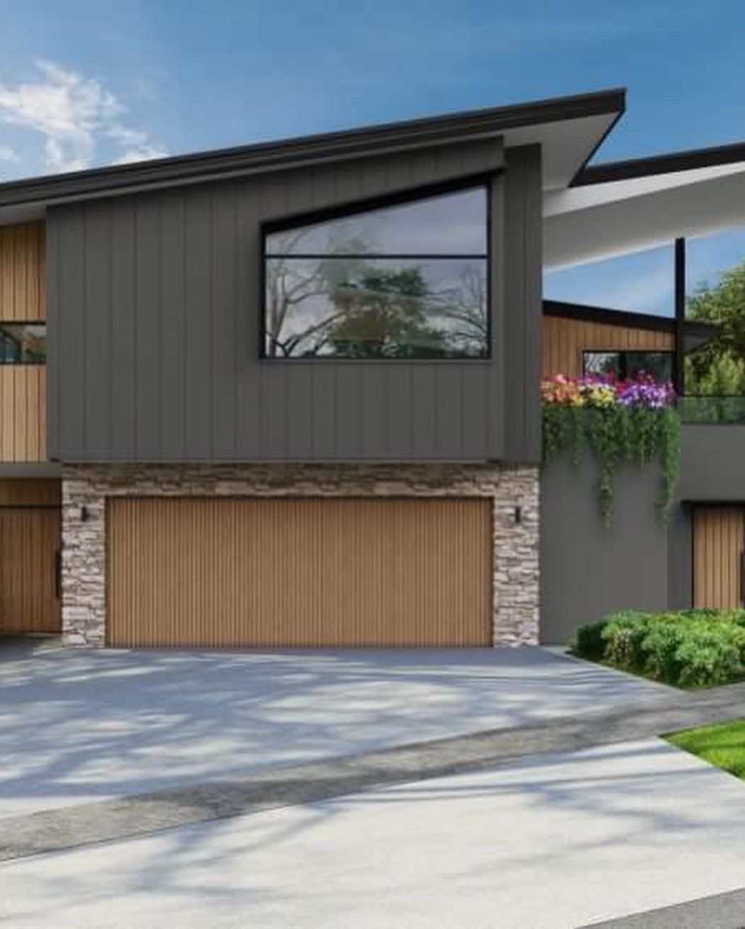 A modern two-story home exterior with vertical dark panels, stone accents, a wood garage door, and a sloping roof.