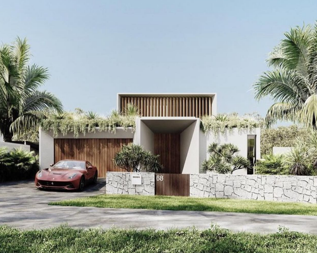 A modern two-story home exterior with a dark vertical-clad upper level, stone garage base, and light wooden garage door.