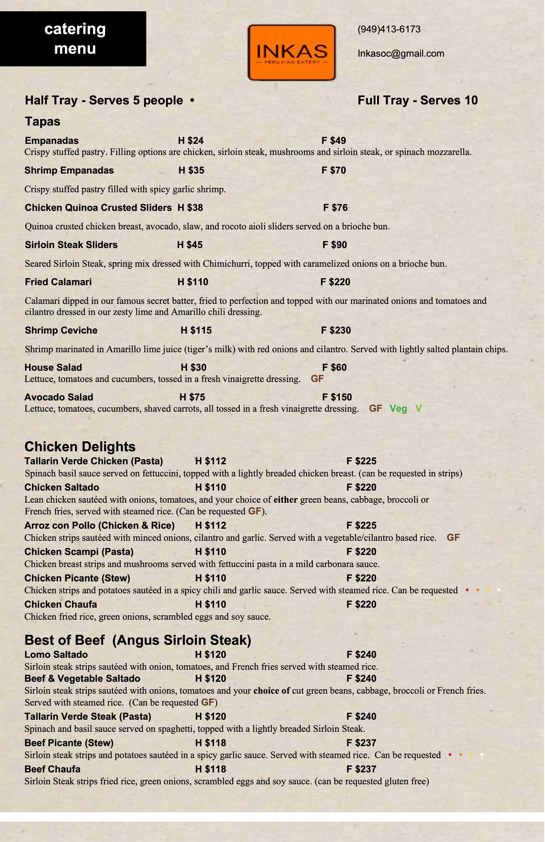 Menu for Inkas catering, featuring various food items and prices.
