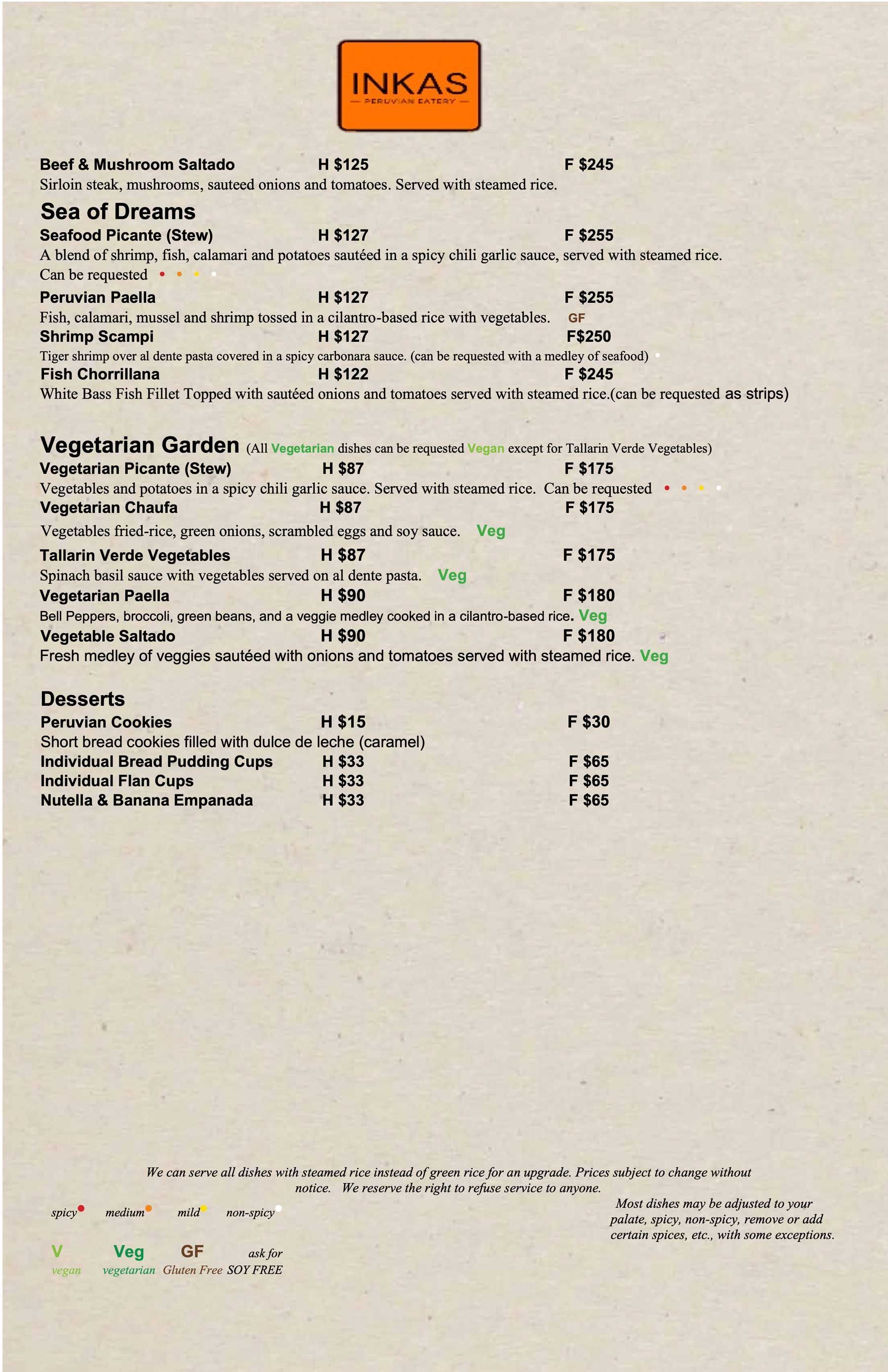 Menu of Inkas restaurant with food items and prices.