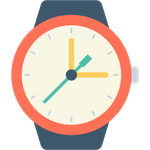 Watch with orange bezel and blue strap; hands indicate time.
