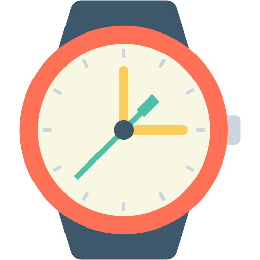 Watch with orange bezel and blue strap; hands indicate time.