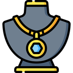 A jewelry display bust with a golden necklace and a blue gem pendant.