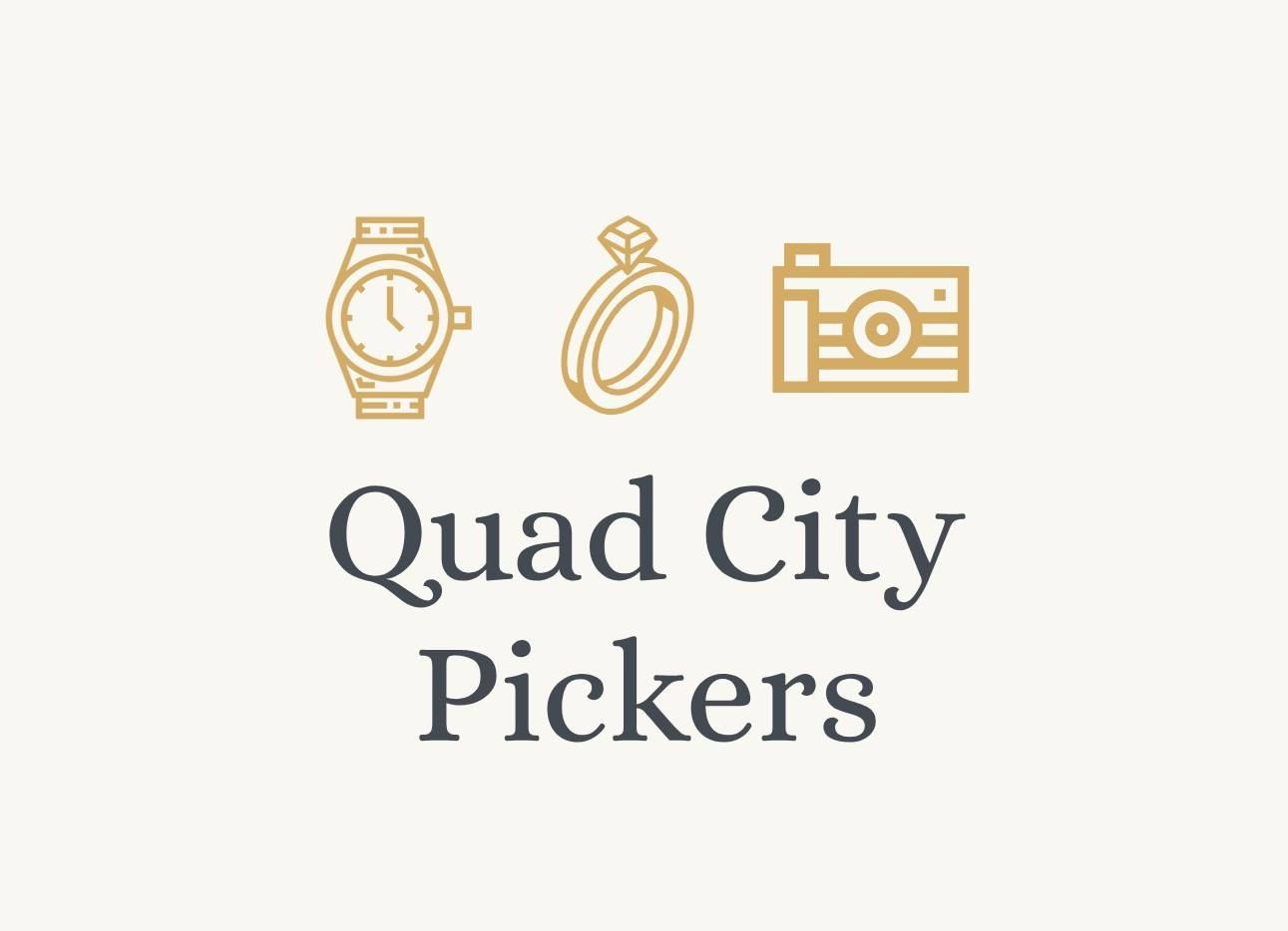 Logo for Quad City Pickers with watch, ring, and camera icons above text.