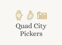 Logo for Quad City Pickers with watch, ring, and camera icons above text.