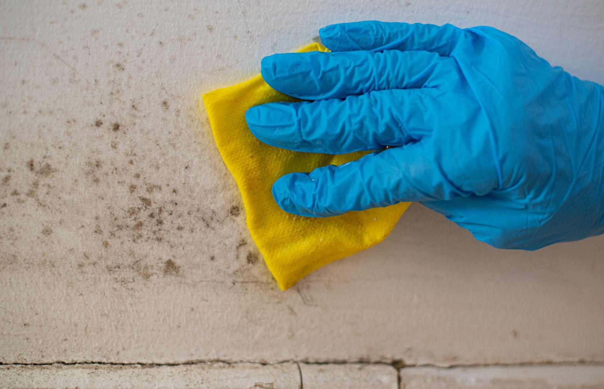 Blue-gloved hand wiping a dirty wall with a yellow cloth