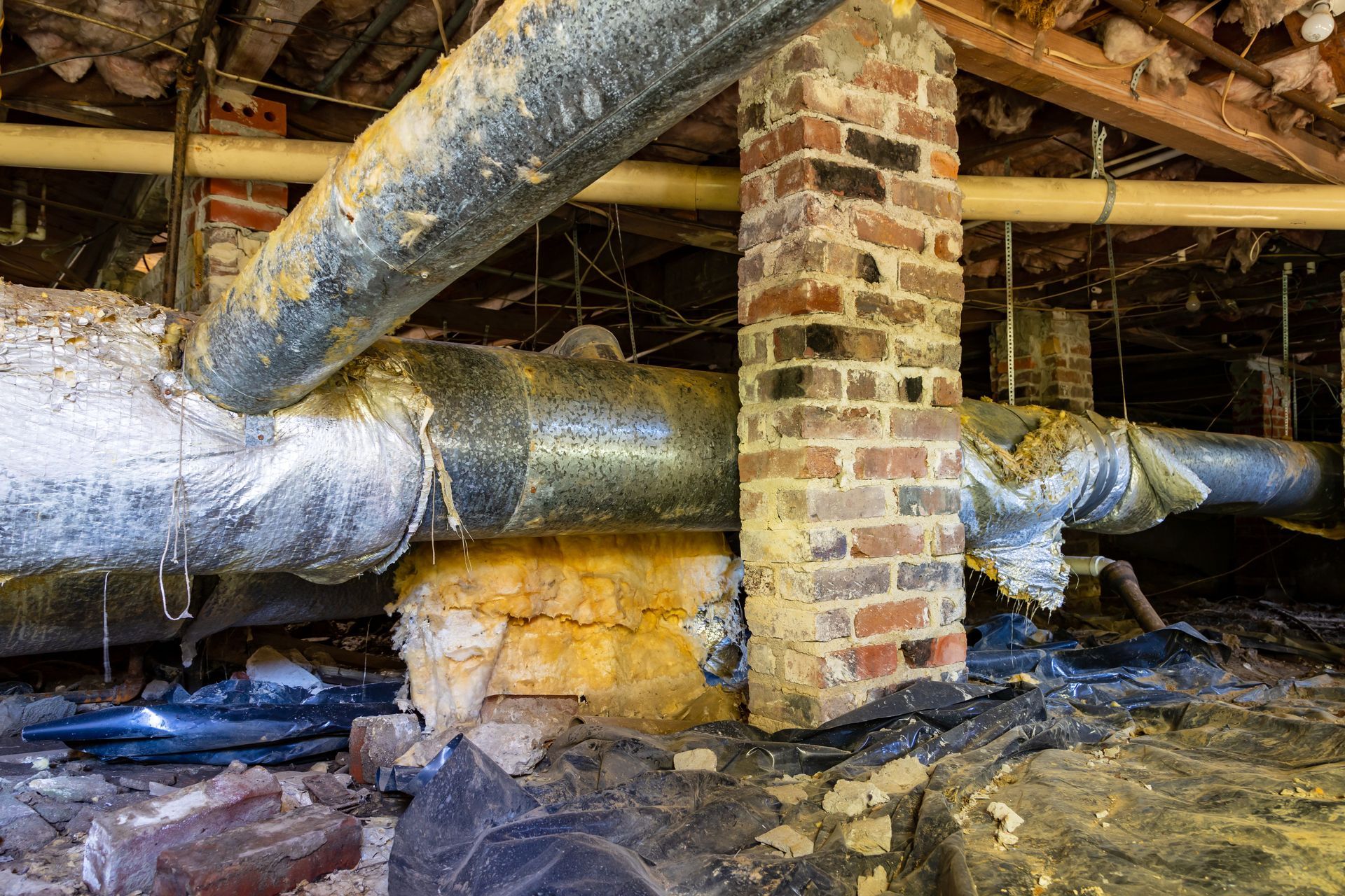 Exposed ductwork in a crawlspace with a brick support column and insulated pipes