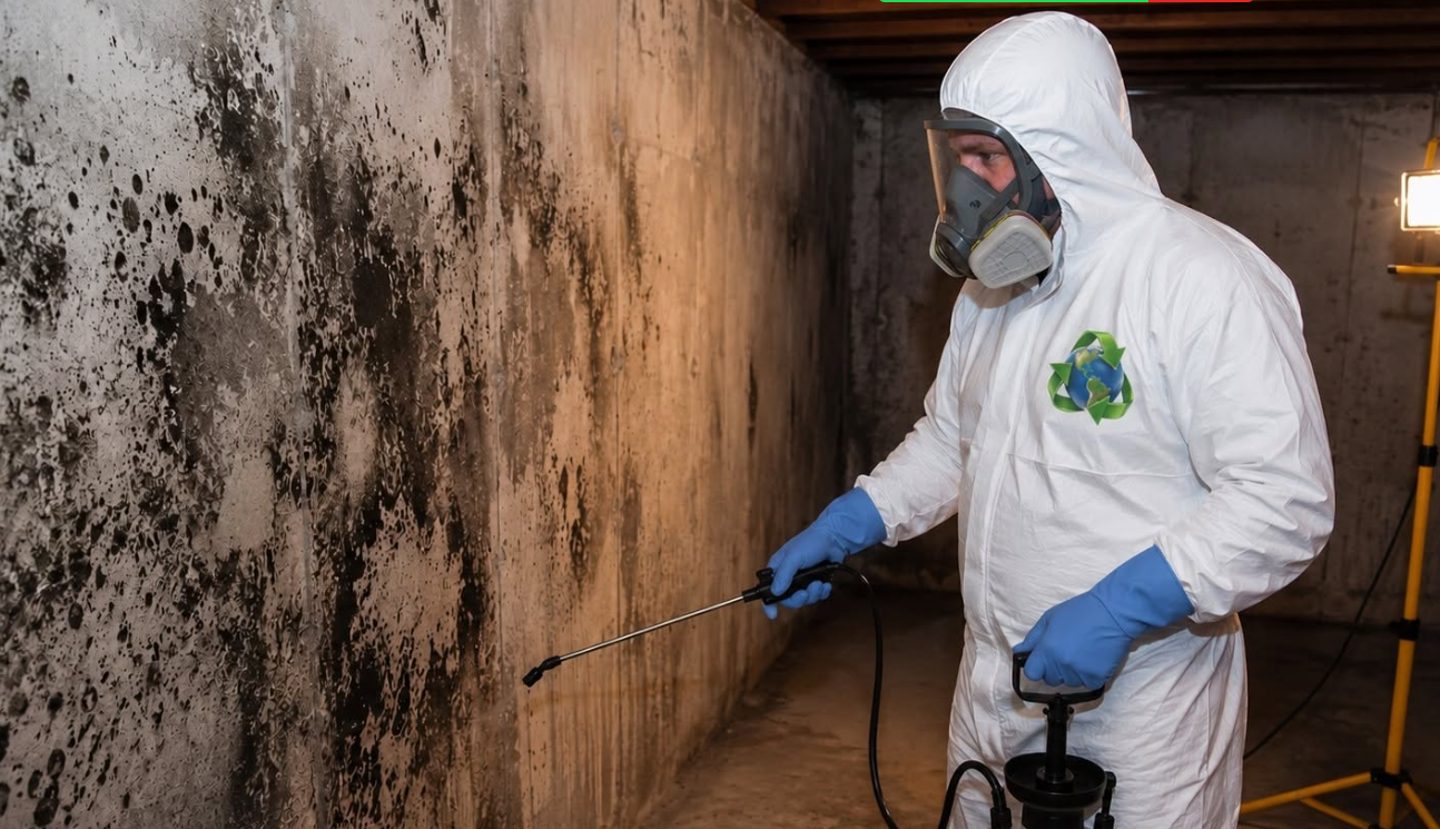 Person spraying pesticide along a wall with a yellow tank in a room