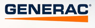 Generac logo in dark blue and orange with an orange swoosh underline