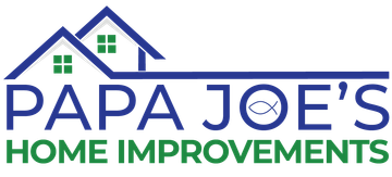 The logo for papa joe 's home improvements has a house and a fish on it.