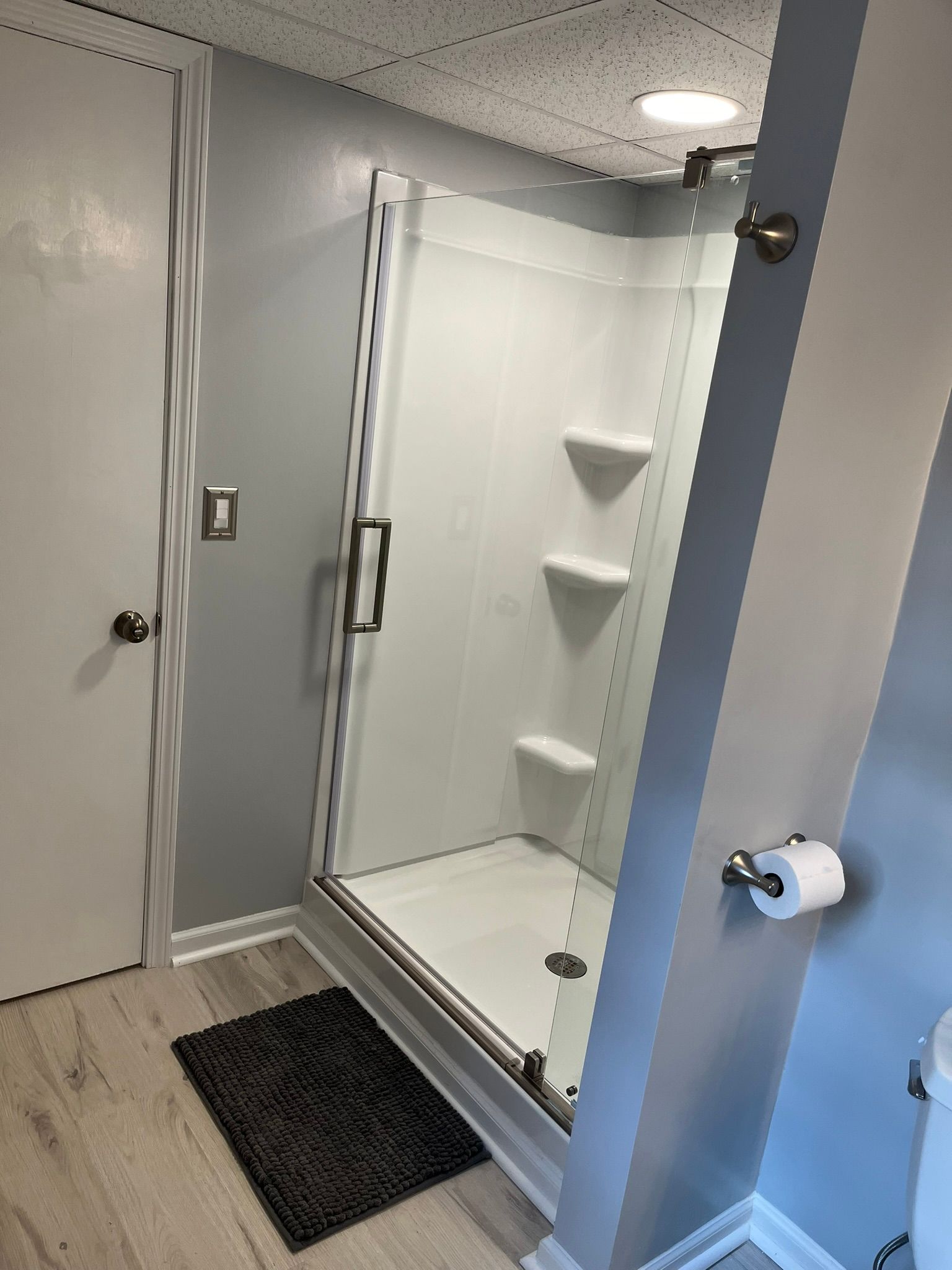 A bathroom with a walk in shower and a toilet.