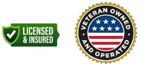 A licensed and insured badge next to a veteran owned and operated badge