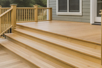 A wooden deck with stairs leading up to it and a wooden railing.