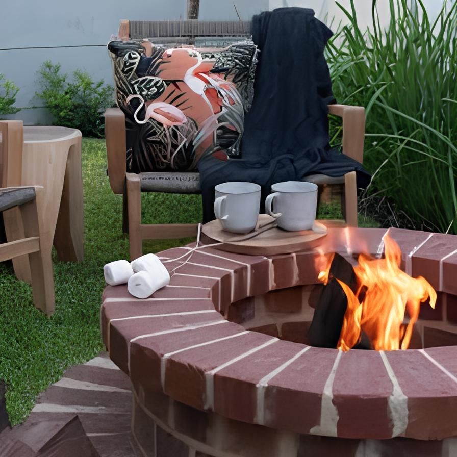 A flamingo pillow sits on a chair next to a fire pit