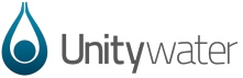 A logo for unitywater with a drop of water in the middle.