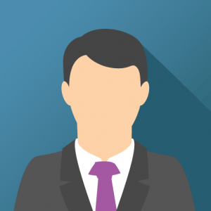 Illustrated businessperson in a dark suit, white shirt, and purple tie on a blue background.