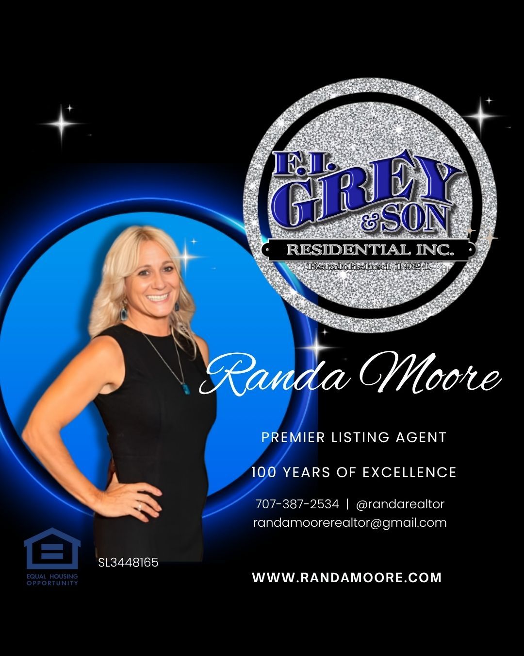 Real estate agent Randa Moore in front of a blue background. She is wearing a black dress.