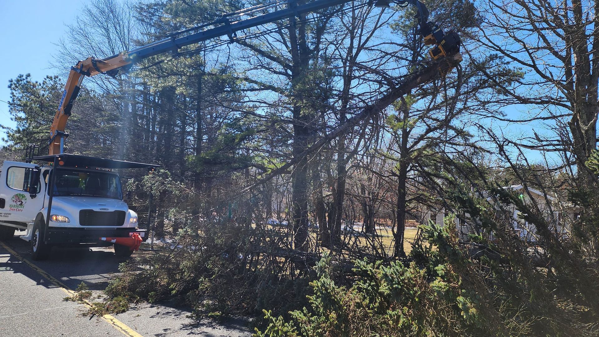 A white truck is cutting down trees on the side of the road.