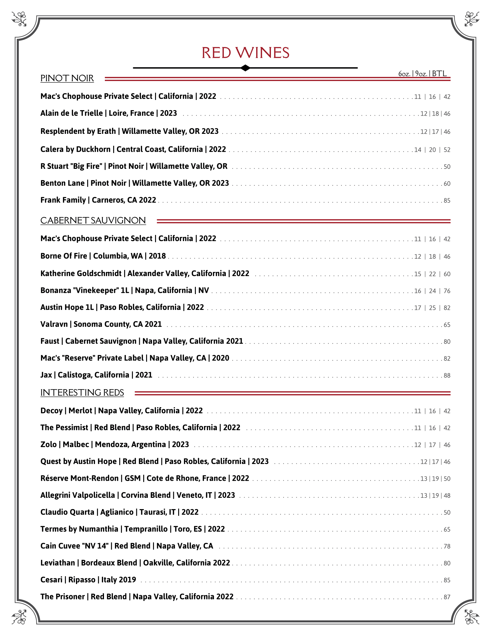 red wine list